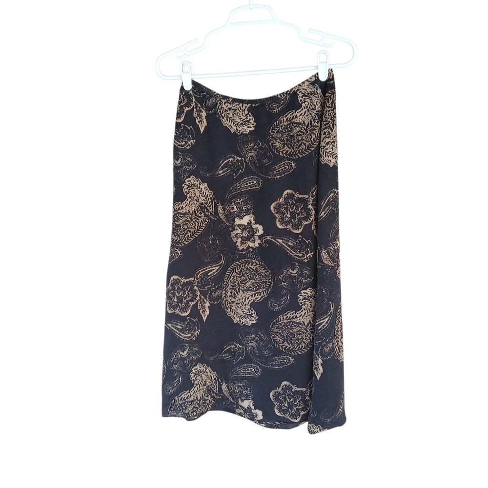Rena Rowan Black & Tan Paisley 100% Silk Midi Skirt Size 4P